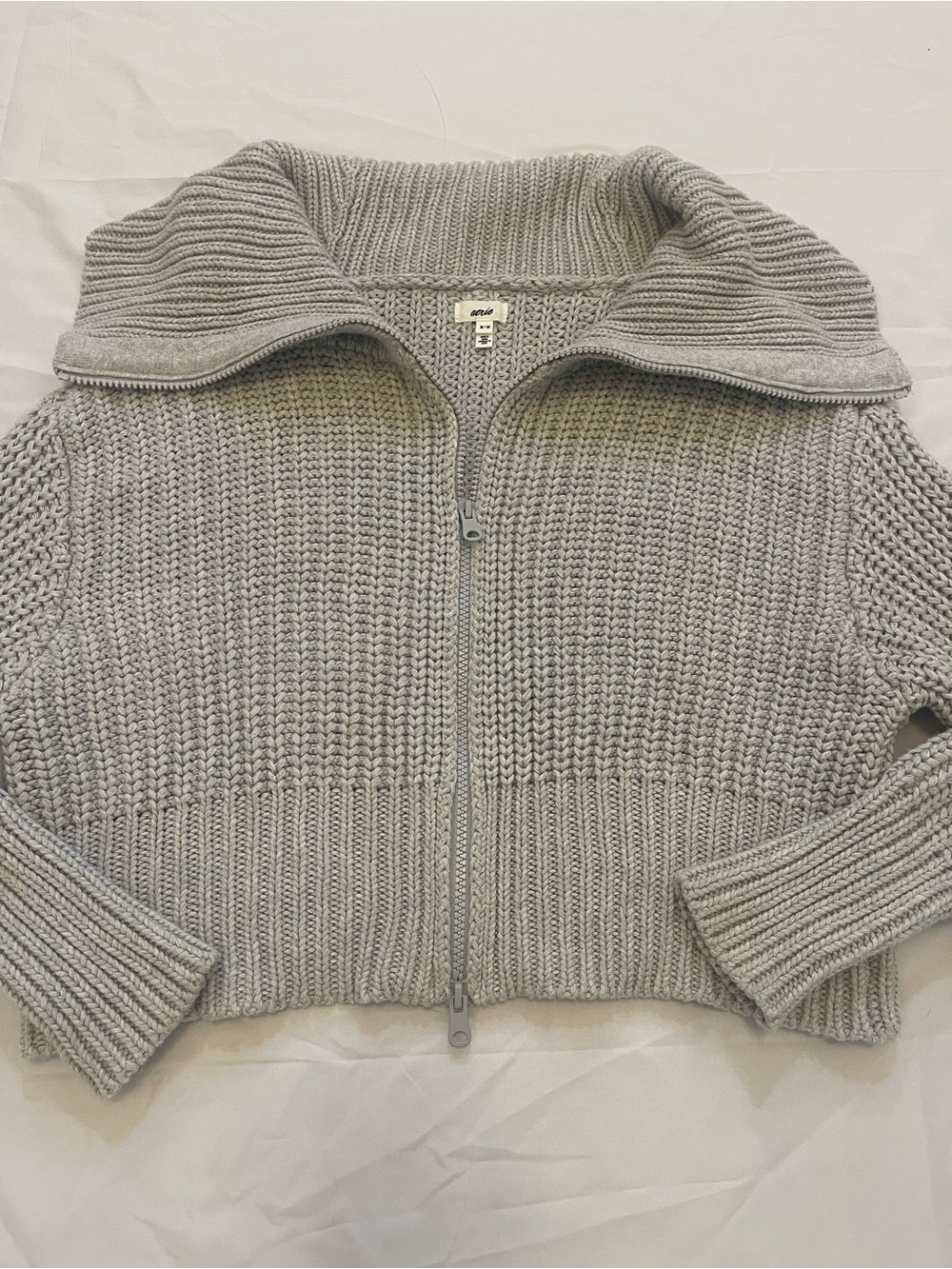 Aerie Gray Chunky Knit Full Zip Cropped Cardigan Sweater M 100% Cotton